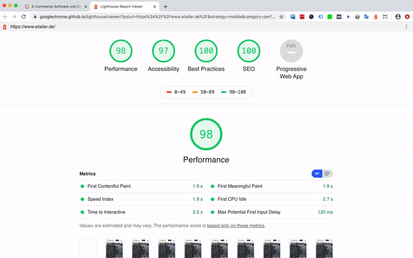 Lighthouse Report -Testergebnisse der etailer Website: 98%, 97%, 100%, 100% Measure-Test