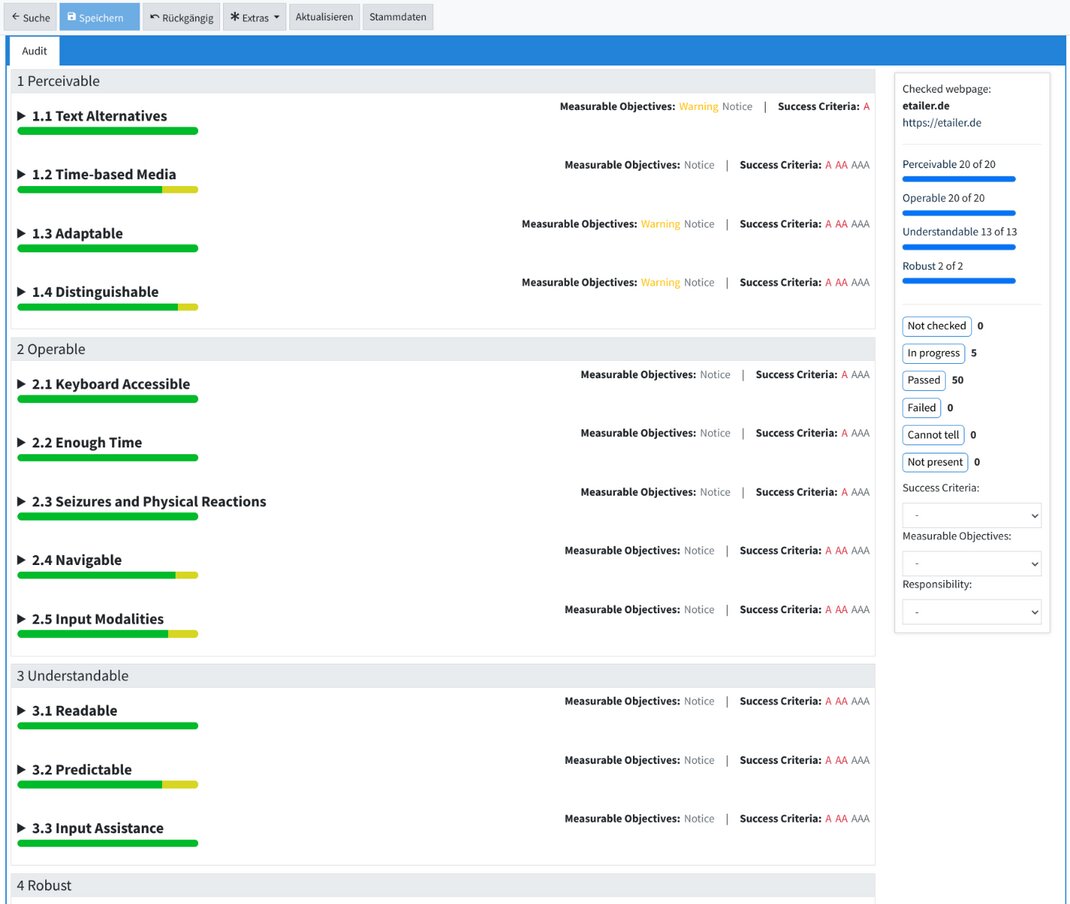 Darstellung der Ergebnisseite des WCAG-Moduls