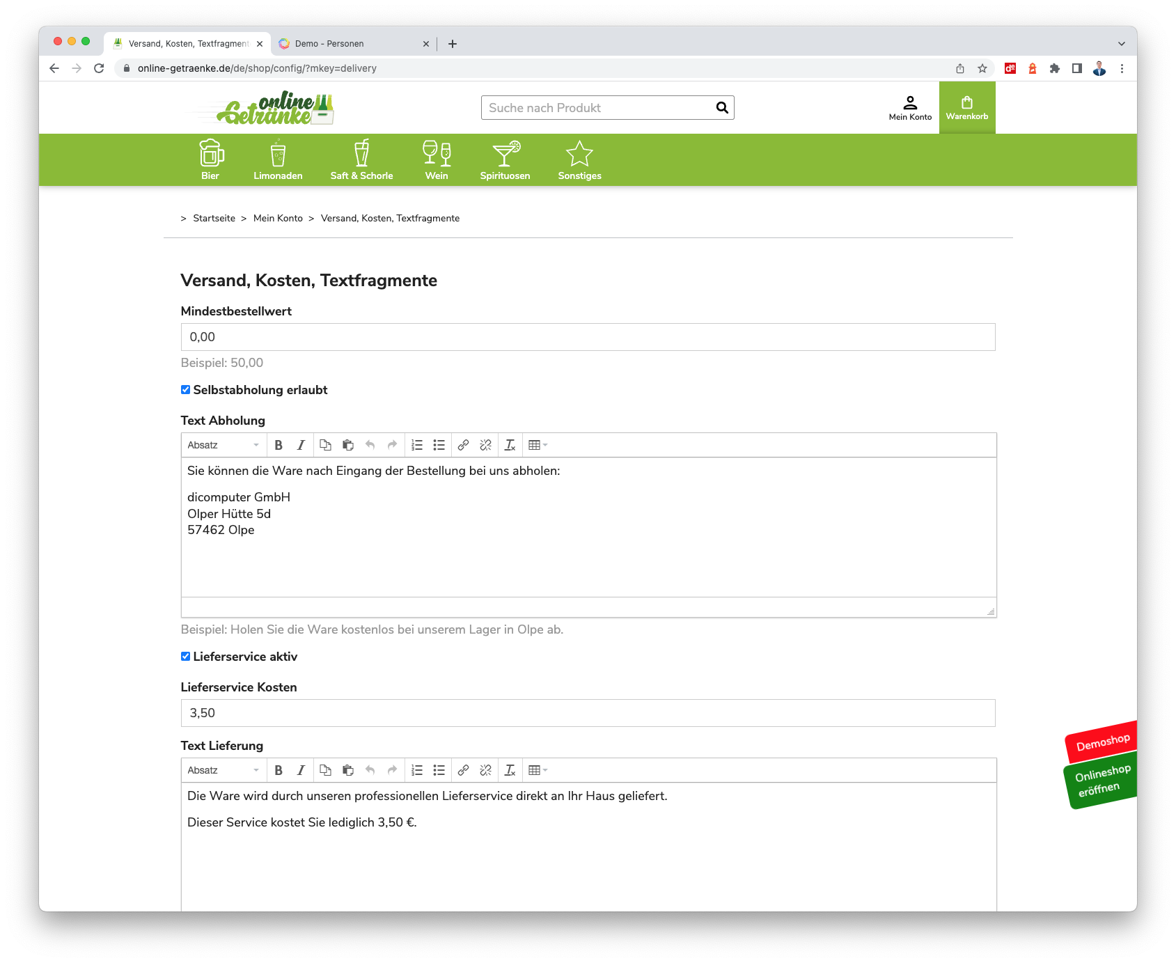 Versand, Kosten, Texte